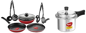 Pigeon by Stovekraft Favourite Outer Lid Non Induction Aluminium Pressure Cooker, 3 litres, Silver & Mio Aluminium Gift Set, Red (8 Pieces) Combo