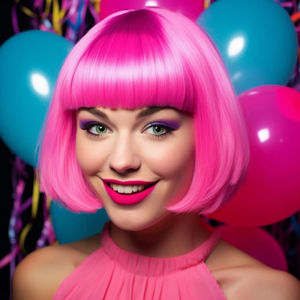 PORSMEER Short Hot Pink Bob Wig and Sunglasses 12 Inch Colorful Synthetic Hair Wigs with Fringe for Women Unisex Halloween Costume Cosplay + Wig Cap - Image 2