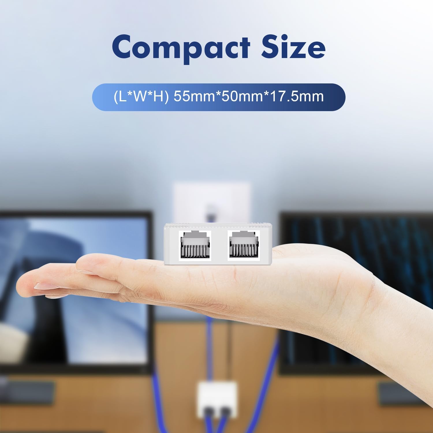 Binardat network splitter held in a hand to show its compact size
