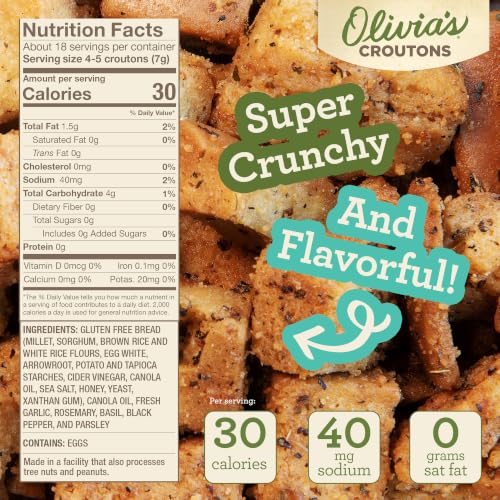 Image of Olivia's Croutons Gluten Free Garlic Croutons, 4.5 oz, 3 Pack | Ancient grain bread, dairy free, vegetarian, salad and soup topping, non gmo