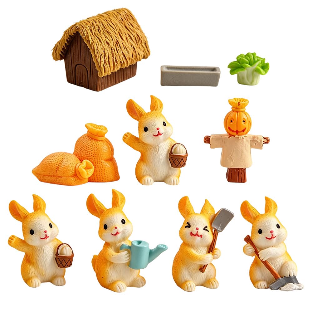 Jehoshaphat 10Pcs Resin Rabbit Figurine Rural Miniature Forest Animal Model Realistic Tiny Sculpture for Micro Landscape Pot Plant Craft Interior Decoration