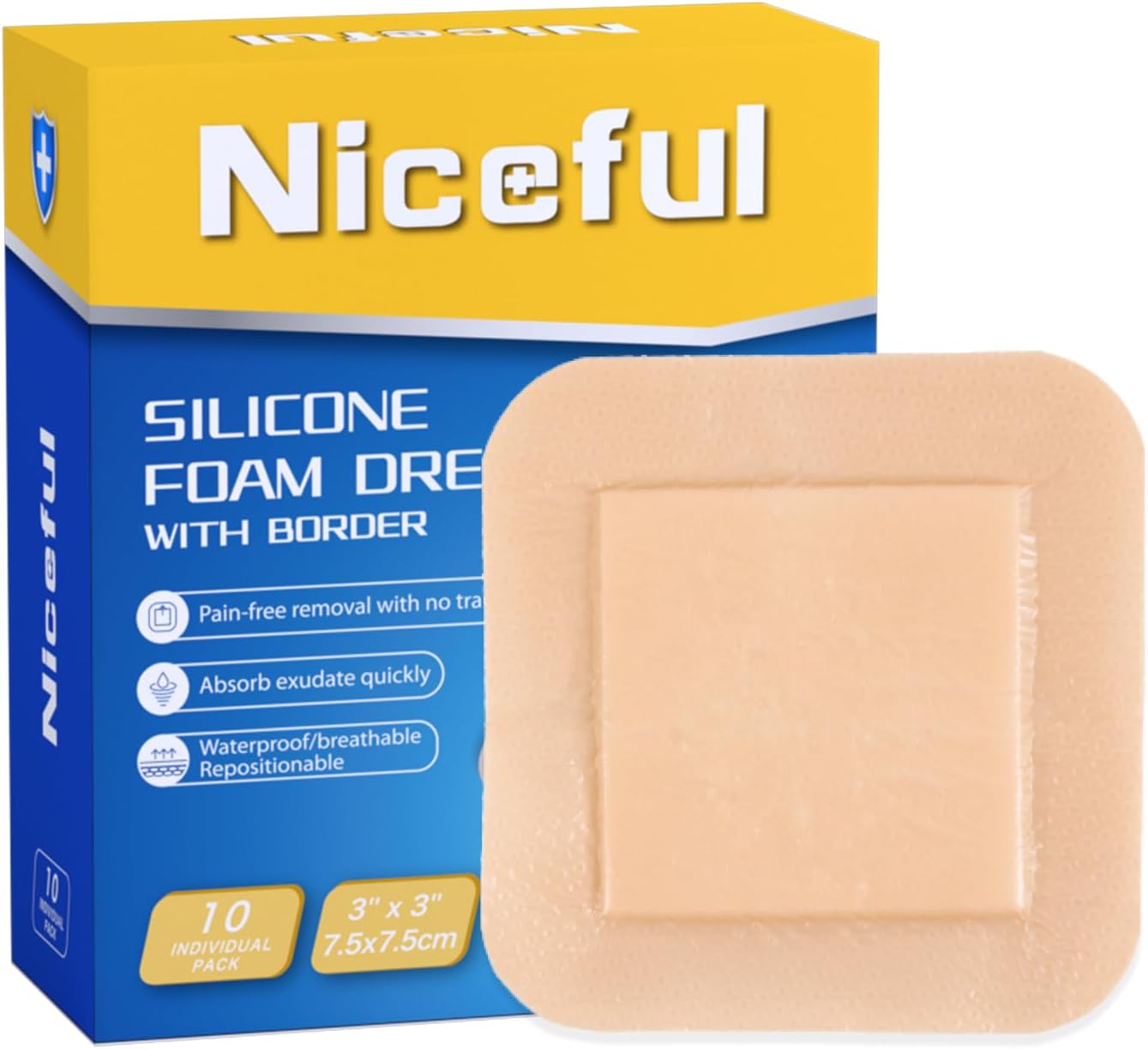 10 Pcs Silicone Foam Dressing 3"x3" with Gentle Adhesive