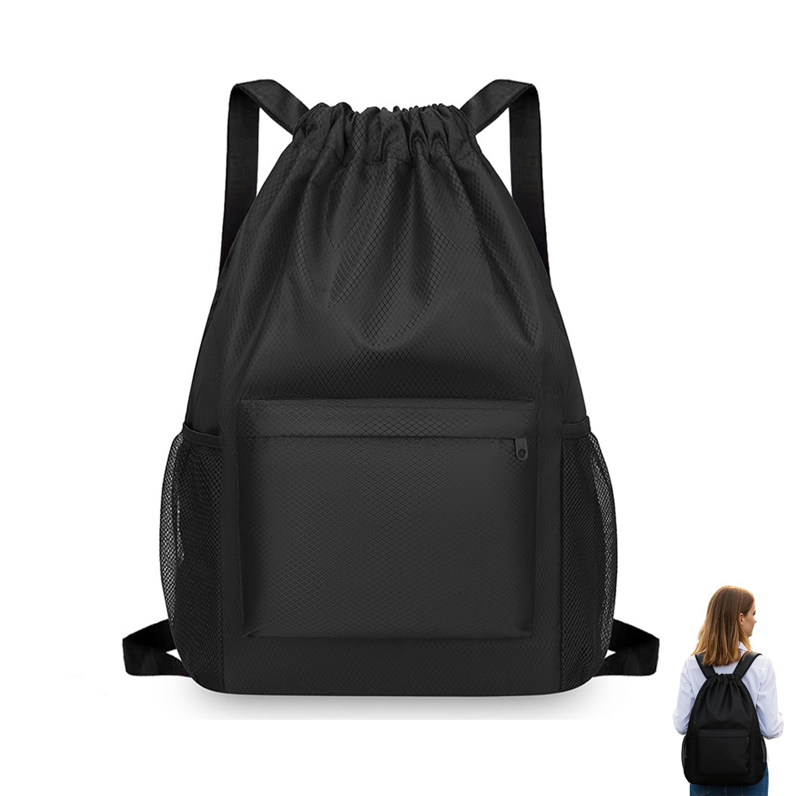 Foonary Borsa sportiva con cordoncino, borsa sportiva impermeabile di grande capacità, borsa sportiva con cordoncino, borsa sportiva nera per uomo e donna, per sport, uso quotidiano, viaggi, uscite