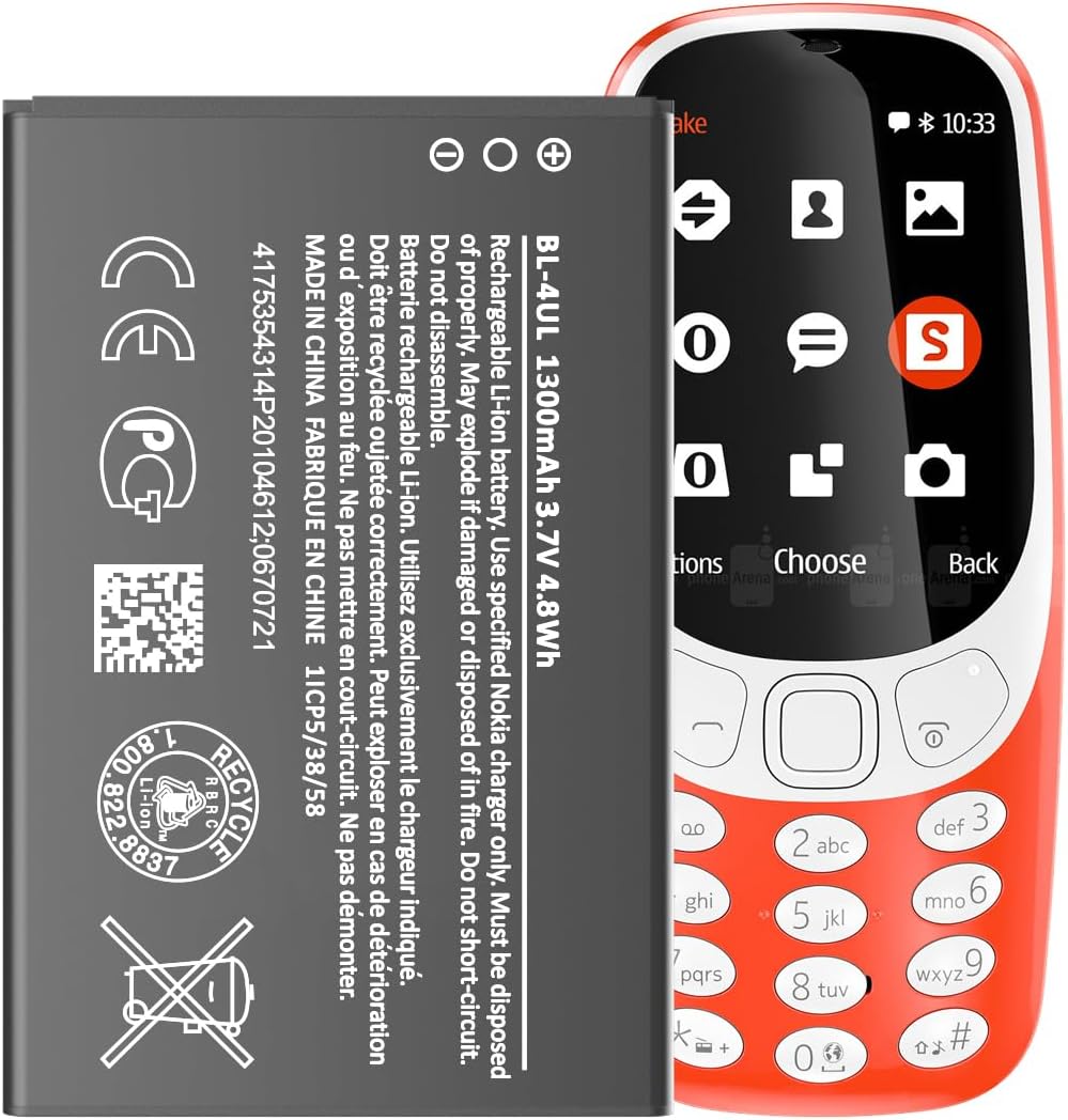 [1300mAh] BL-4UL Battery for Nokia 3310, 3.7V Replacement Batteries are suitable for Nokia 3310 TA-1036, 225 RM-1011 RM-1126 RM-1012 Battery