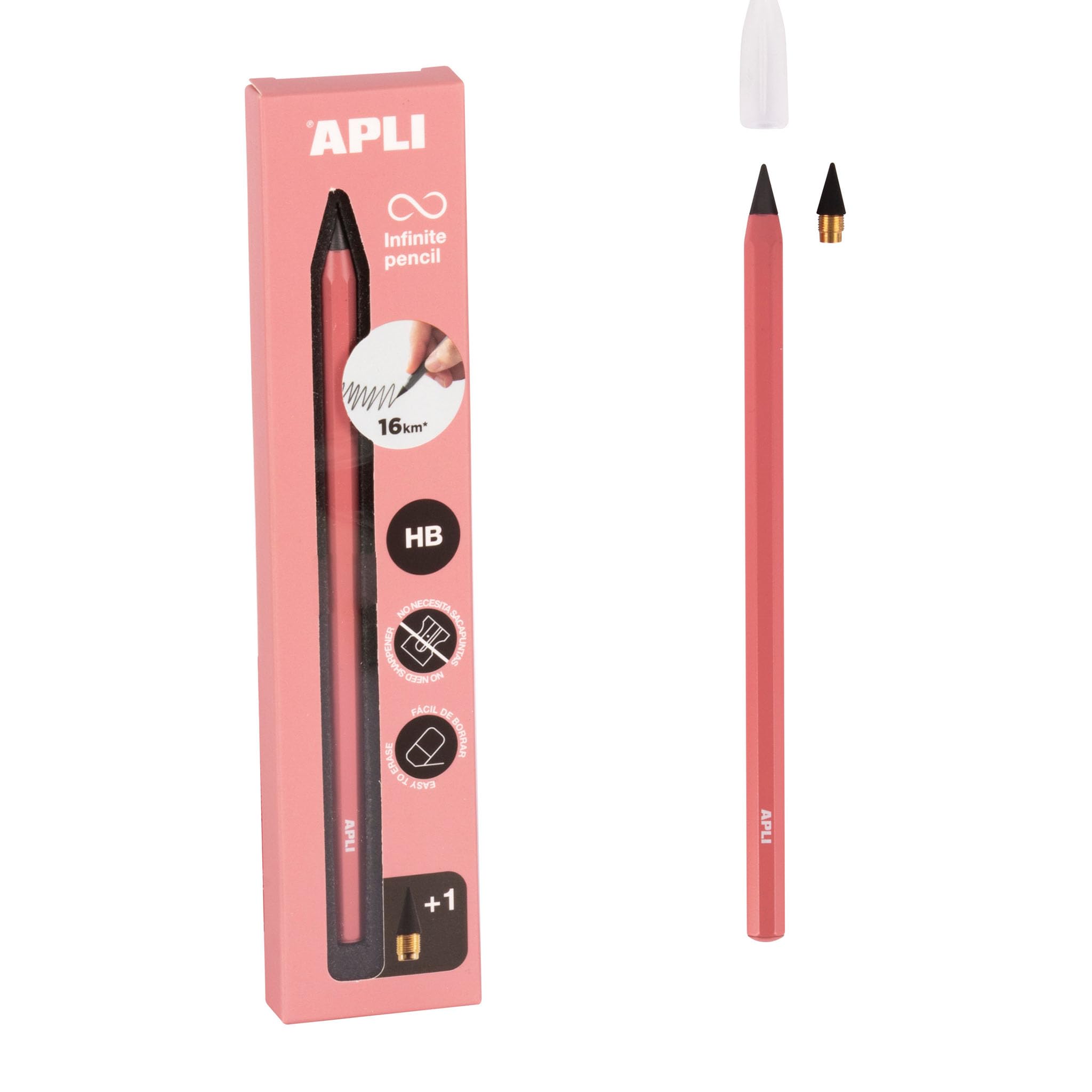 APLI 19803 - Lápiz infinito con cuerpo rosa, lápiz eterno sin tinta con mina de recambio