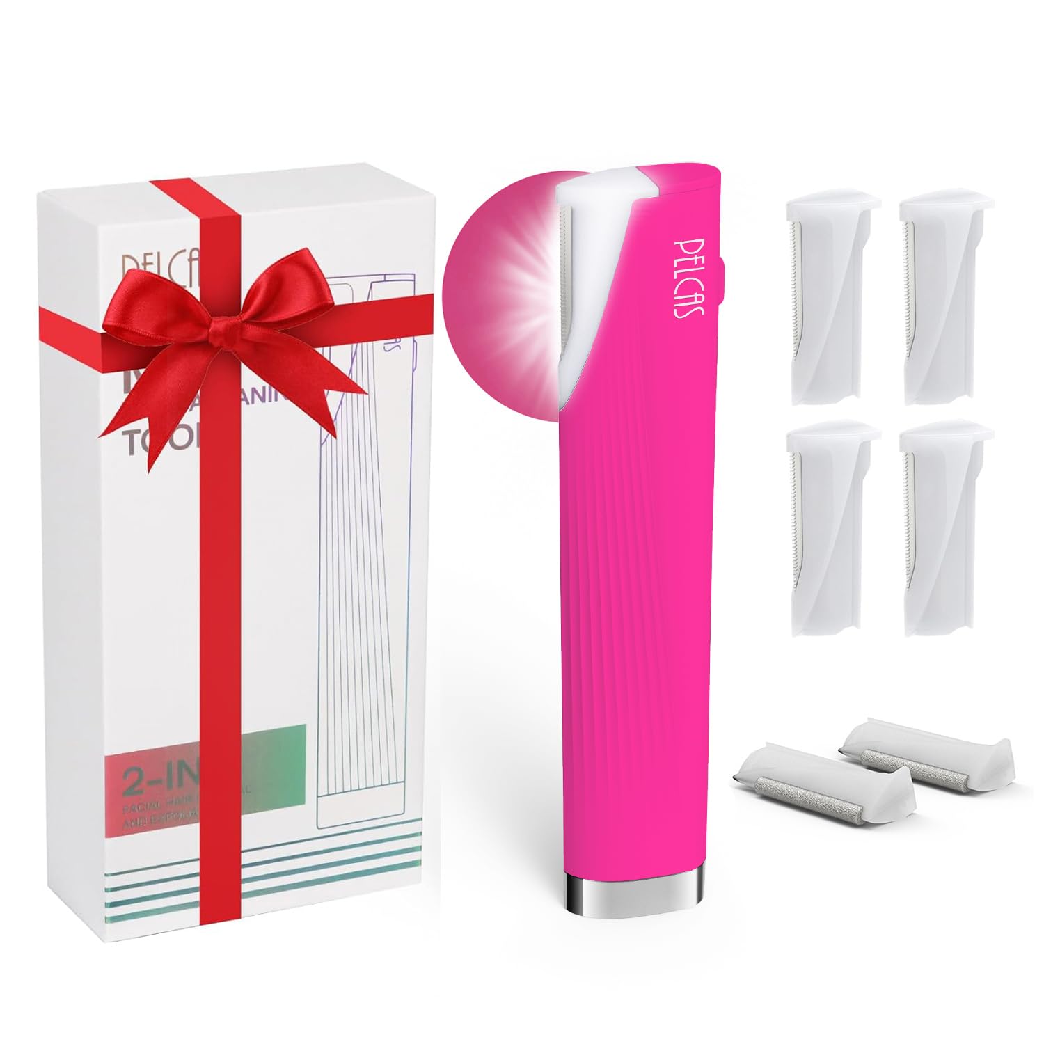 PELCAS Electric Dermaplaning Tool Kit with LED Light, Mini Face Dermaplaning Razor with 6 Replace Blades, Painless 3 Speeds Facial Peach Fuzz, Exfoliation & Hair Removal System for Women BV18-712