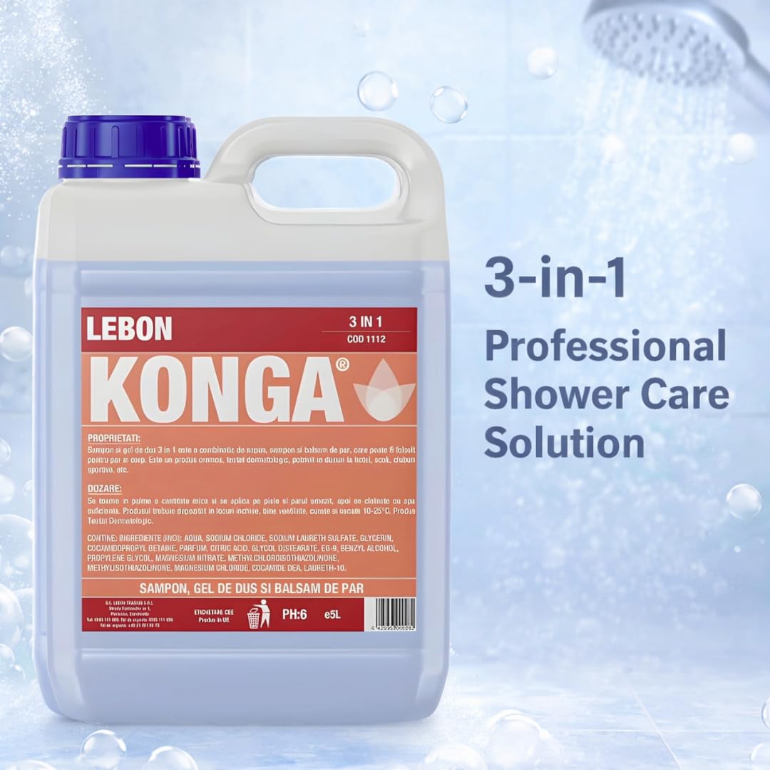 Konga 3-in-1 Duschgel: Shampoo, Duschgel & Haarconditioner | Parfümfrei | Für Lebensmittelindustrie & Gewerbe | Hautfreundlich | Schützt vor Austrocknung | 5L