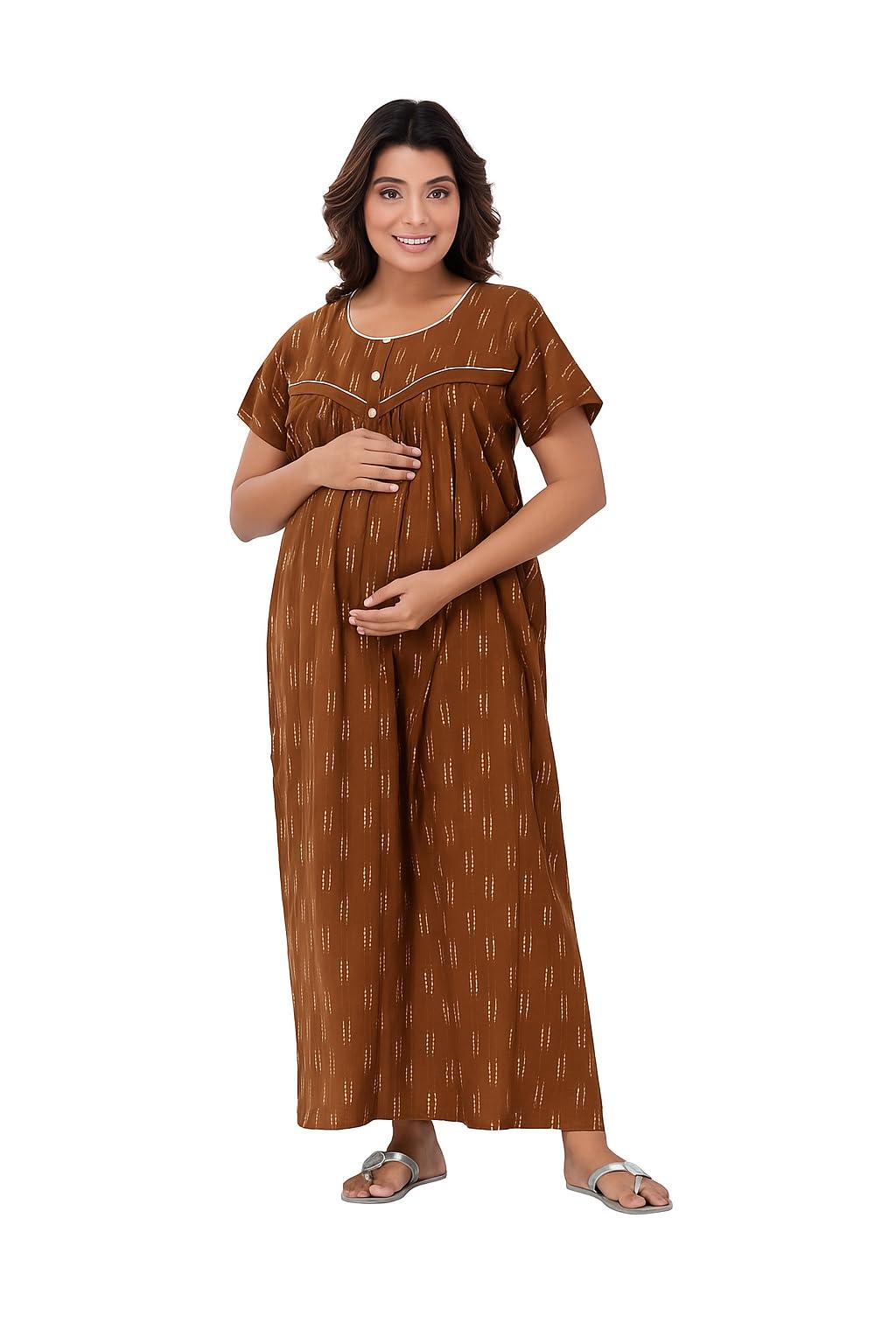 Maternity Nightgown, Brown Cotton Maxi Dress with Printed Pattern, Short Sleeve, Ankle Length-image-33