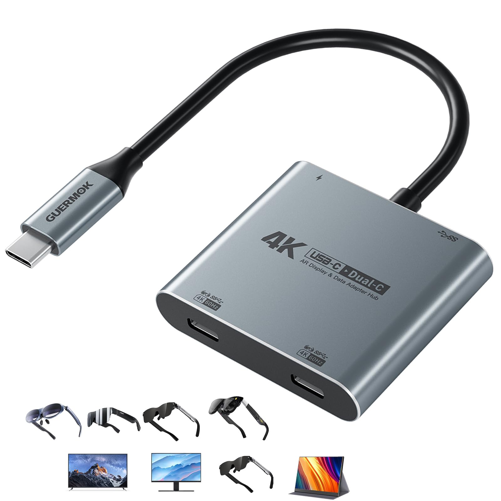 Guermok, Hub display USB-C doppio, 4K@60Hz, PD100W, USB3.0, 5 Gbps, argento | Ricarica durante la visualizzazione, Compatibile con occhiali AR, Plug & Play senza driver, console portatili, USB-C telefoni