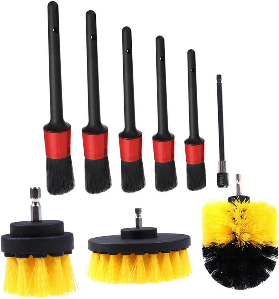 ORFOFE 9pcs Drill Brush Attachment Set Car Care Detail Brushes for Automotive Interior Exterior with Power Scrubber Compatibility and Yellow Bristles