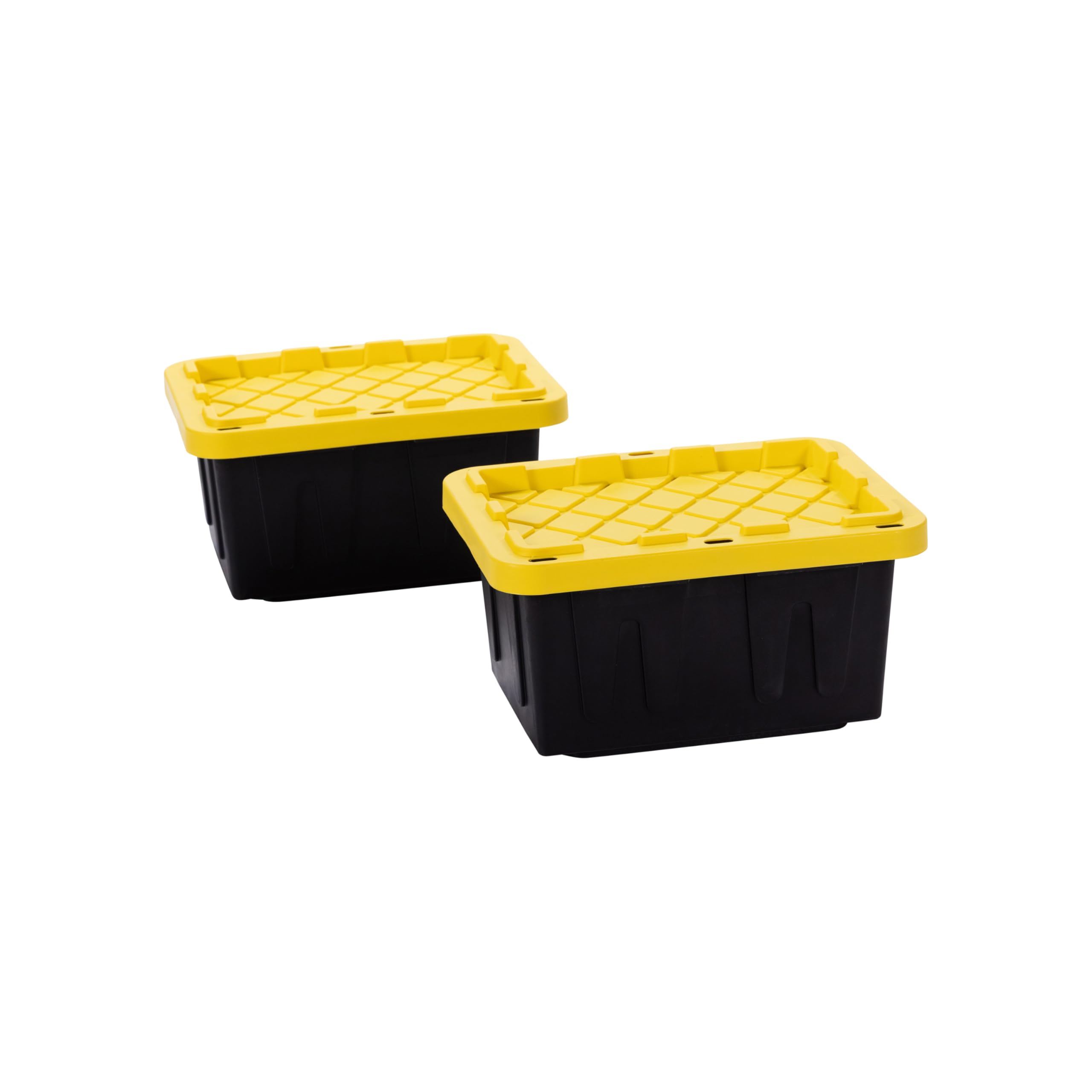 Plastic 5-Gallon Storage Tote with Lockable Lid, Stackable Tough Regular-Duty Bin for Garage, Tools, and Home Organization (2-Pack) - Black and Yellow
