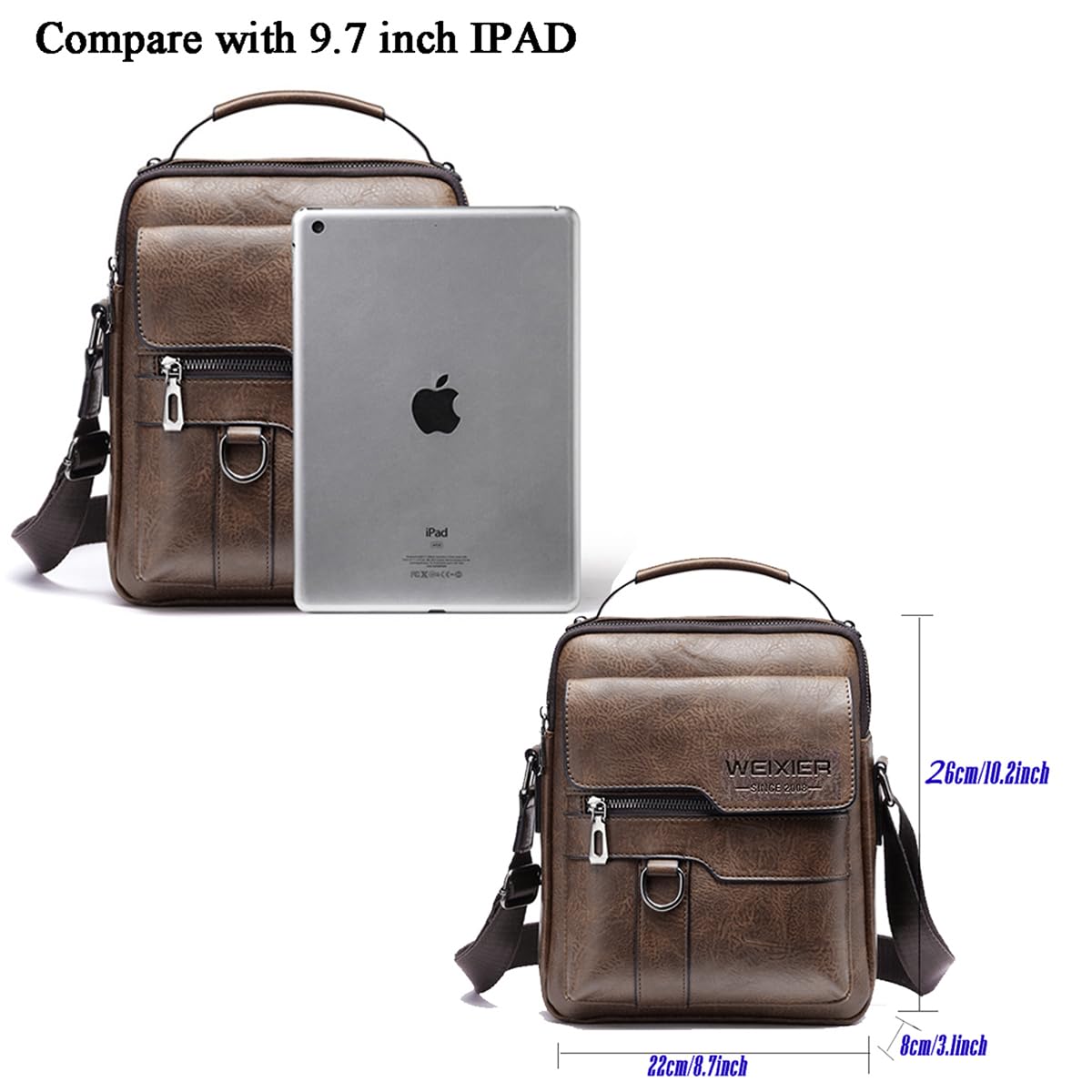 Sacs à Bandoulière Sacoche Homme en Cuir Vintage Shoulder Bag Crossbody Business Cartable Besace Pochette Sacs à Main pour iPad, iPhone, Sport, Voyages,Travail (Marron Sacoche Homme)
