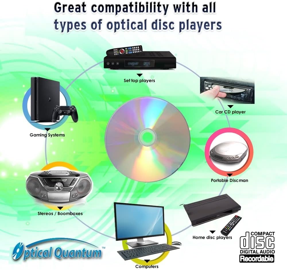 Optical Quantum Music Digital Audio Silver Top 700MB 52x Blue AZO CD-R with Noise Free Playback for Optimal Audio Music Recording, 100 Discs