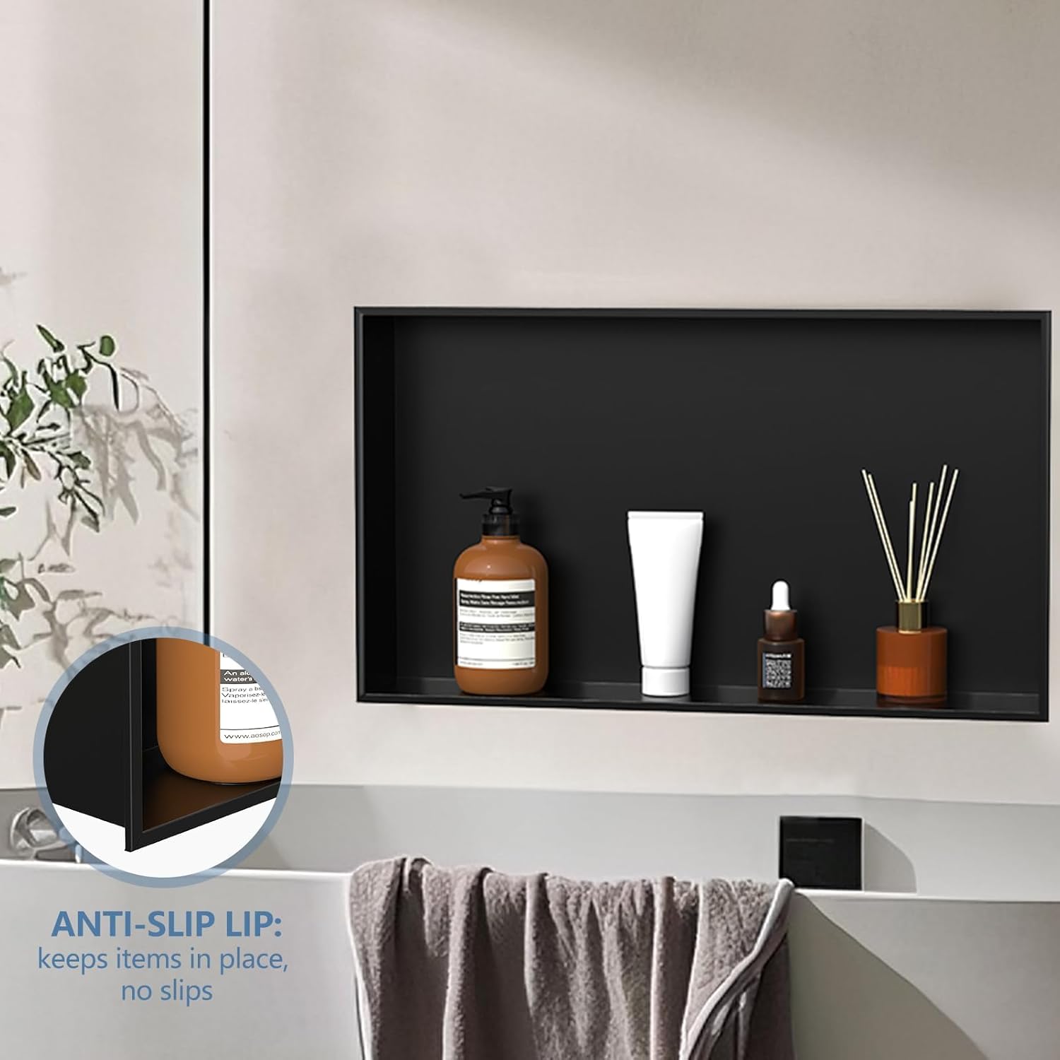 Homevacious Shower Niche 16 x 24 Inch Stainless Steel No Tile Needed Matte Black Bathroom Shelf Rimless Recessed Wall Niche for Bathroom Storage