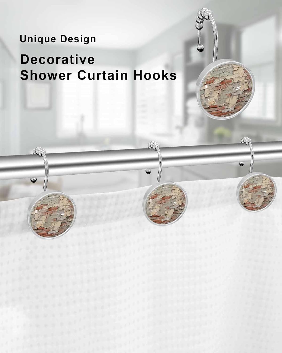 Shower Curtain Hooks Set of 12 Rustic Mottled Brick Wall Retro Crystal Glass Shower Curtain Rings for Bathroom Decorative Stainless Steel Rust Proof Roller Shower Curtain Hangers