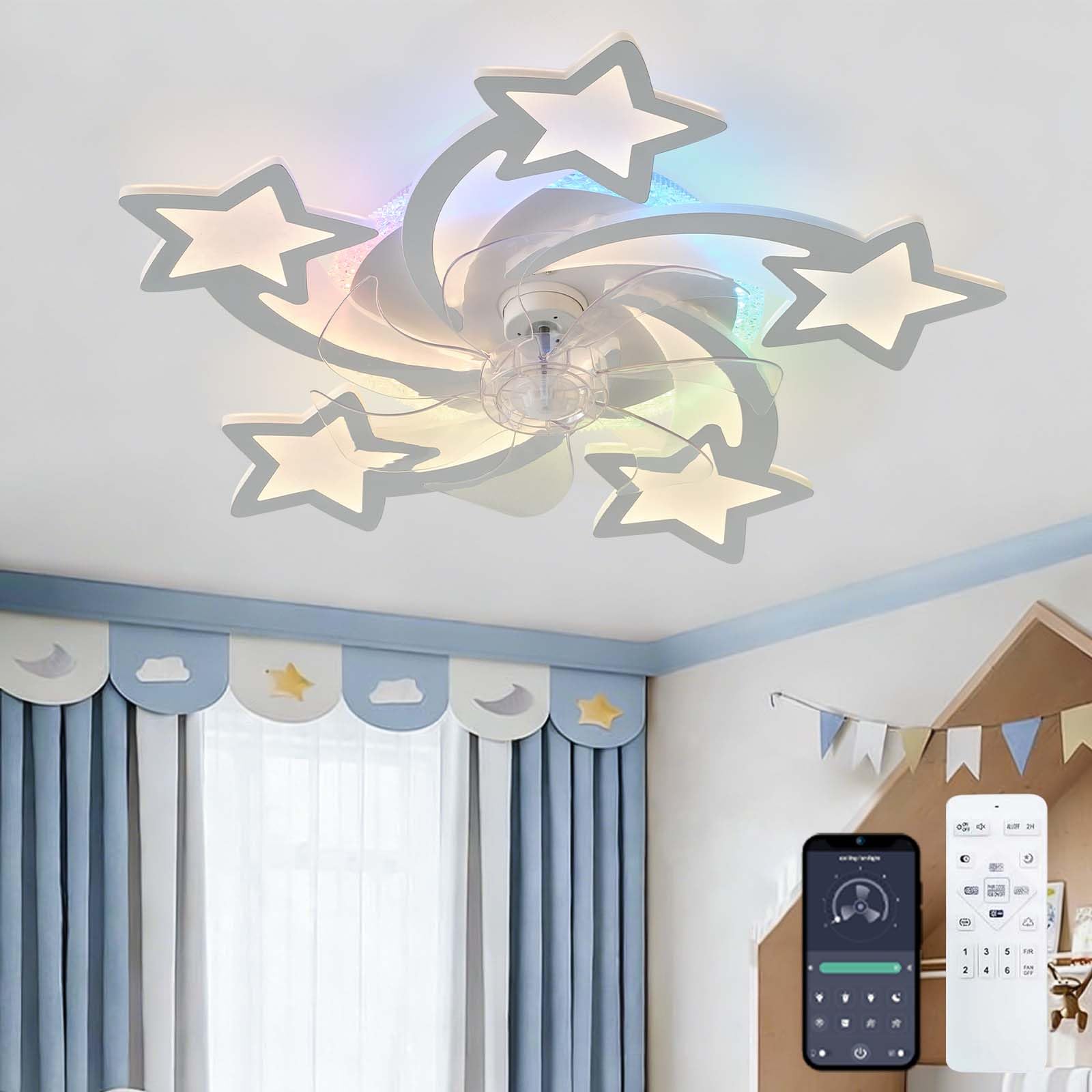 HXYSXHJUO RGB Ceiling Fans with Lights,aplikacja I Pilot Zdalnego Sterowania, Kids Bedroom Fan Light Ceiling,Reversible DC Motor 6 Speed， Lights for Living Room