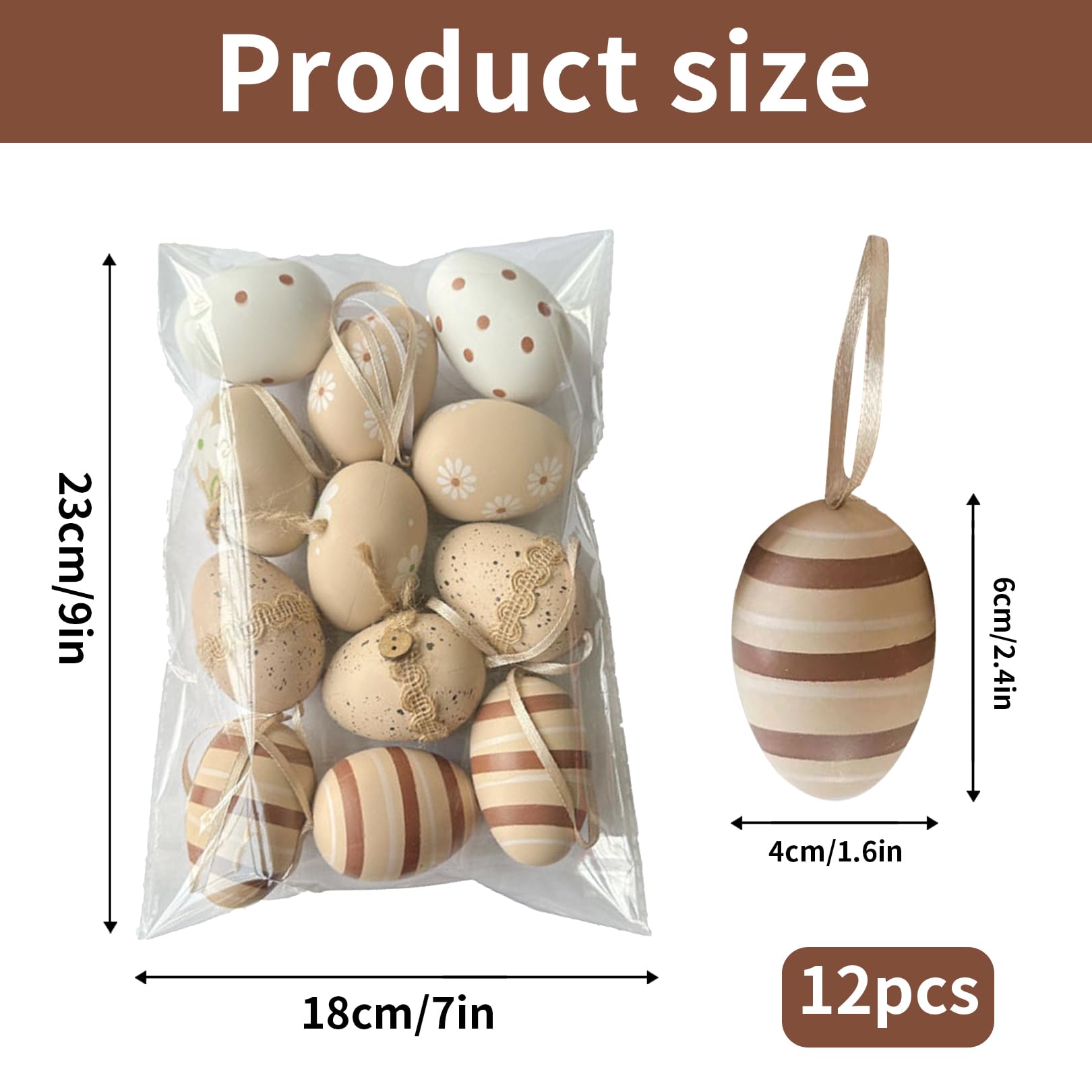 Osterdekoration, 12 Stück Ostereier zum Aufhängen, Ostereier Dekoration, Styroporeier, Ostereier zum Aufhängen, braun-weißes Ornament für Osterkörbe, Ostergeschenke, 6 cm natürliche Eier