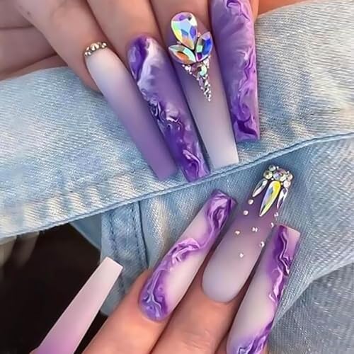 Uñas postizas extralargas acrílicas cuadradas con diseños de diamantes de imitación, ondas moradas, uñas postizas de ballet con pegamento para
