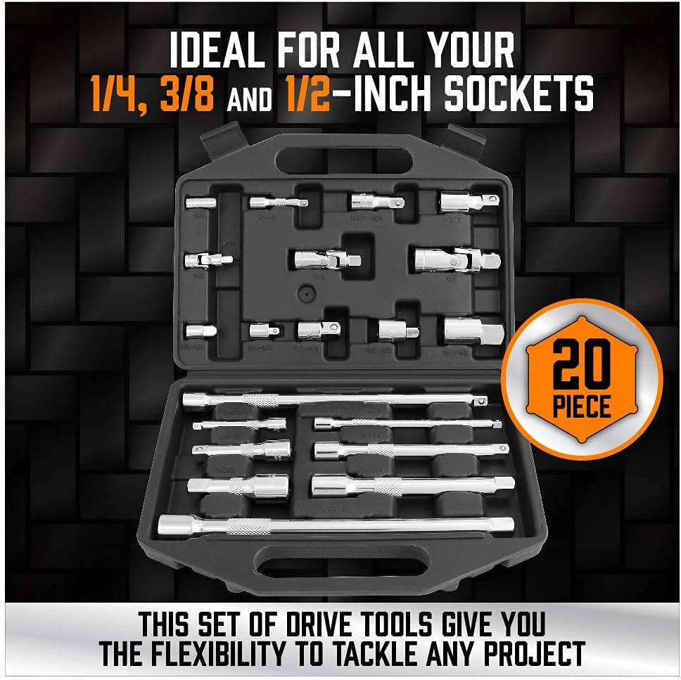 HORUSDY 20-Piece Socket Extension Bar Set, 1/4", 3/8" and 1/2" Drive Socket Extension Set, Universal Joint Socket, CR-V Steel
