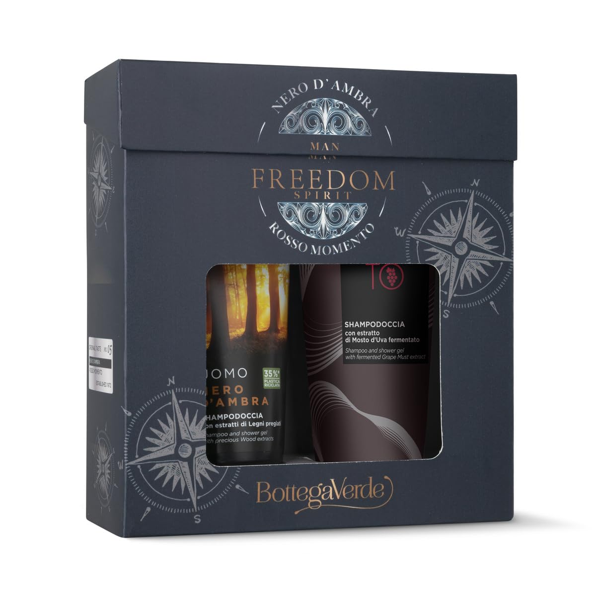 Bottega Verde - Cofanetto Regalo Uomo, con Nero d’Ambra Shampoo Doccia 200 ml e Rosso Momento Shampodoccia 200 ml, Profumo Legni Pregiati e Uva, Idea Regalo per Lui