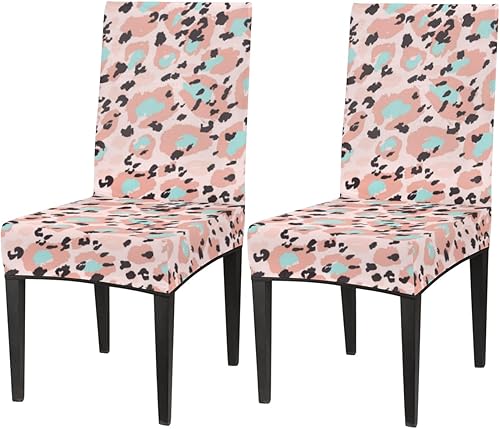 Juego de 2 fundas para sillas de comedor con estampado de leopardo, color rosa y turquesa, fundas elásticas para sillas Parson para fiestas,