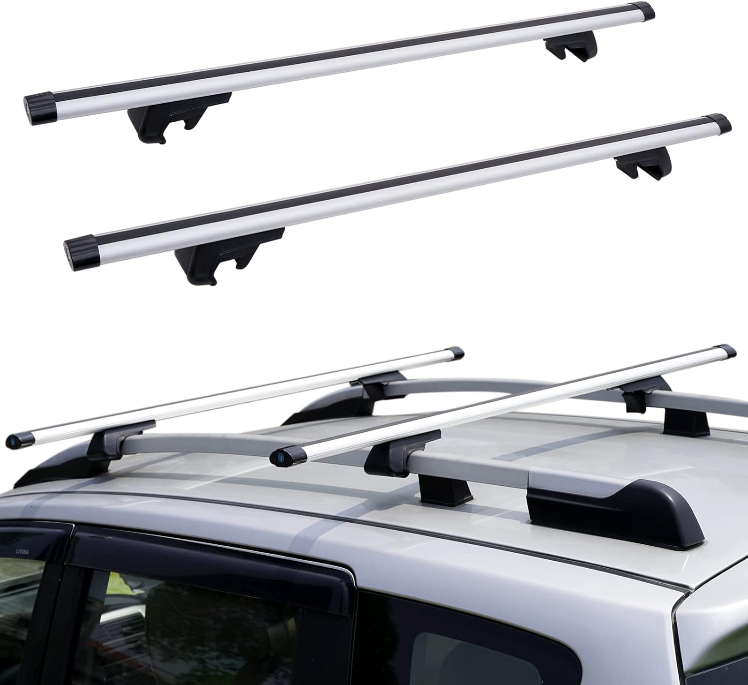 JUST-V 48" Universal Roof Rack Cross Bars Aluminum Anti-Rust up to 150 lbs Rooftop Cargo Compatible with Raised Roof Side Rails for Kayak Luggage Ski Bike Carrier etc.Adjustable Maximum 46'' (Sliver)