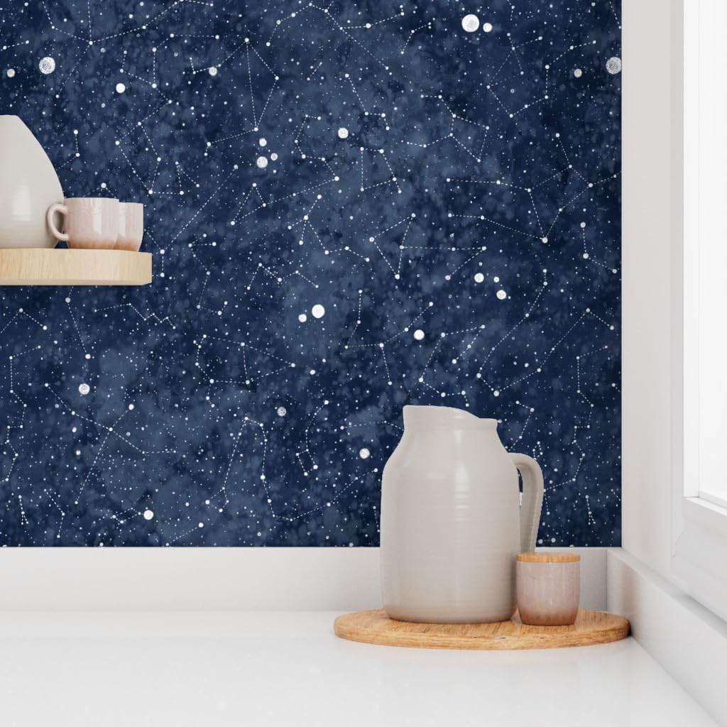 Spoonflower Removable Wallpaper 6ft x 2ft - Star Constellations Hand Drawn Stars Night Sky Watercolor Galaxy Custom Pre-Pasted Wallpaper