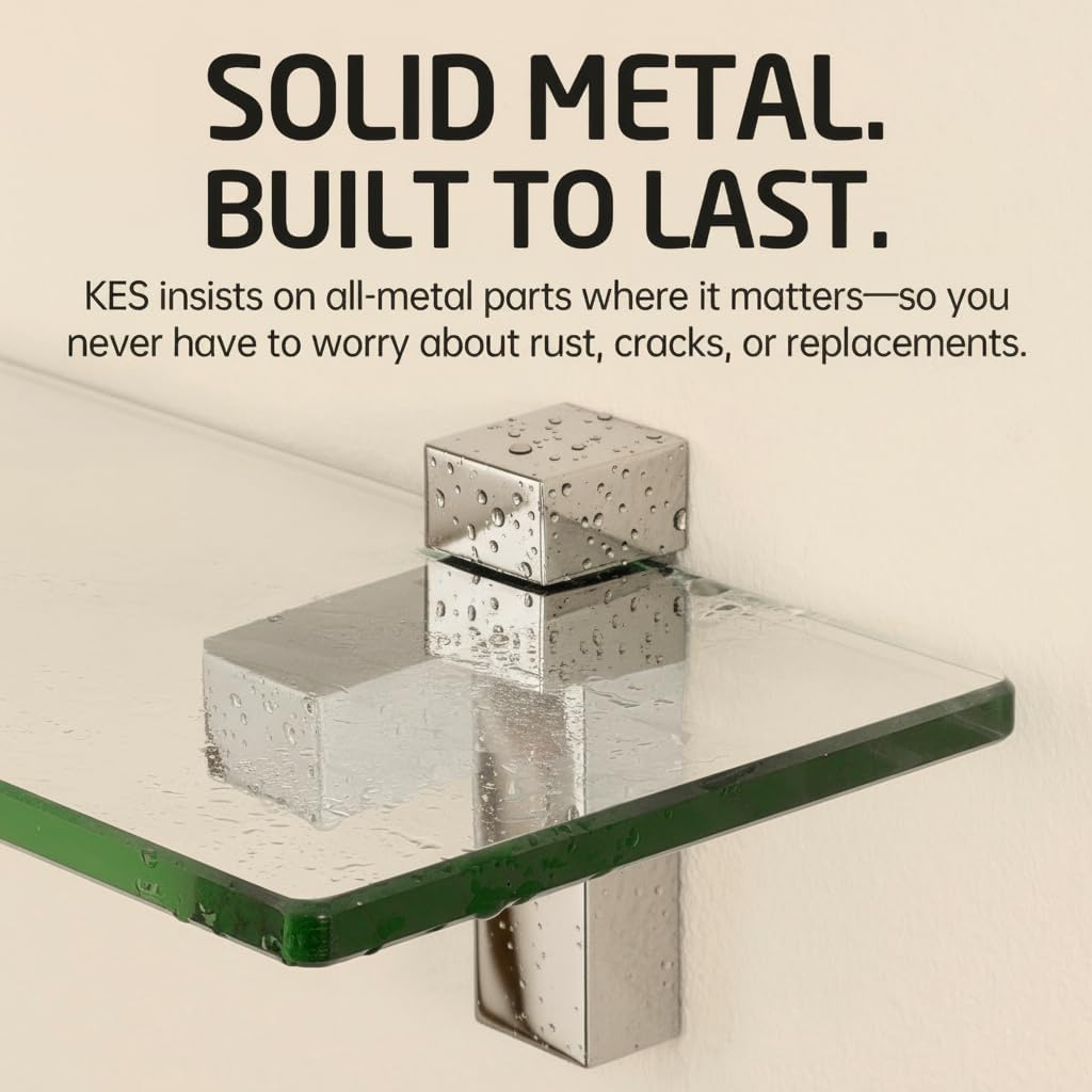 KES Glass Shelves for Bathroom, Bathroom Tempered Glass Shelf Rectangle 16 Inch Bracket Wall Mount 2 Pack Polished Chrome, BGS3201S40-P2