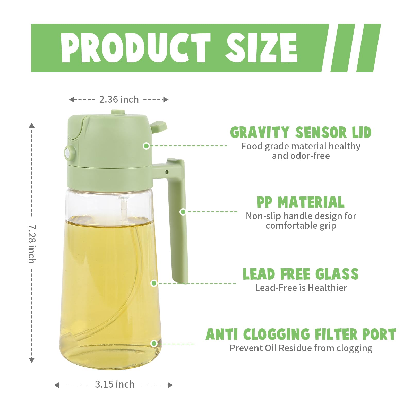 Dzmbv 2-in-1 Olive Oil Sprayer & Dispenser - 16oz/470ml Glass Kitchen Bottle with Spray/Pour Function, for Air Fryer, Salad, Frying, BBQ (green)