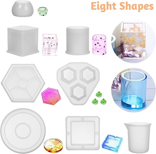 Miniatura 2 de 1 juego de moldes de resina de silicona, juego de 28 moldes de fundición de resina de silicona, incluye cubo, cuadrado, redondo con taza medidora y