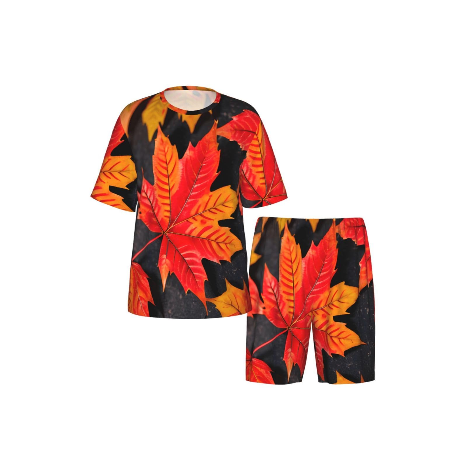 Conjunto de pijama clásico con estampado de hojas rojas para hombre, pantalones cortos de pijama suaves para hombre, perfecto para las noches de verano