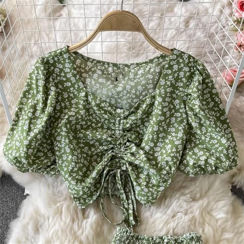 Women's Summer Printed 2 Piece Sets Square Collar Drawstring Short Tops High Waist Midi Skirt2