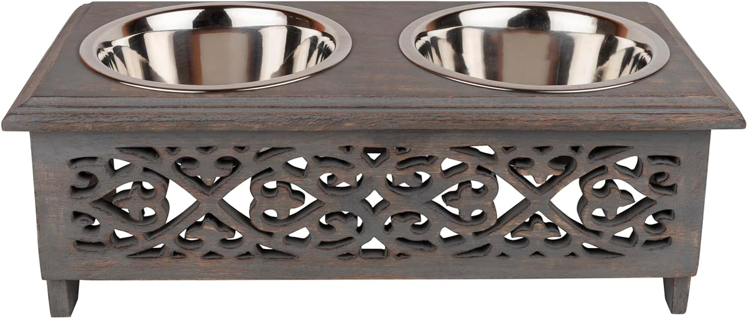 GoCraft Raised Dog Bowls for Small Dogs | Elegant Farmhouse Grey Washed Elevated Wooden Stand Feeder with 2 Stainless Steel Bowls for Your Pet Food & Water