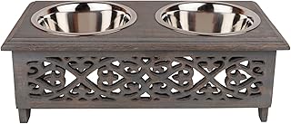 GoCraft Raised Dog Bowls for Small Dogs | Elegant Farmhouse Grey Washed Elevated Wooden Stand Feeder with 2 Stainless Steel Bowls for Your Pet Food & Water