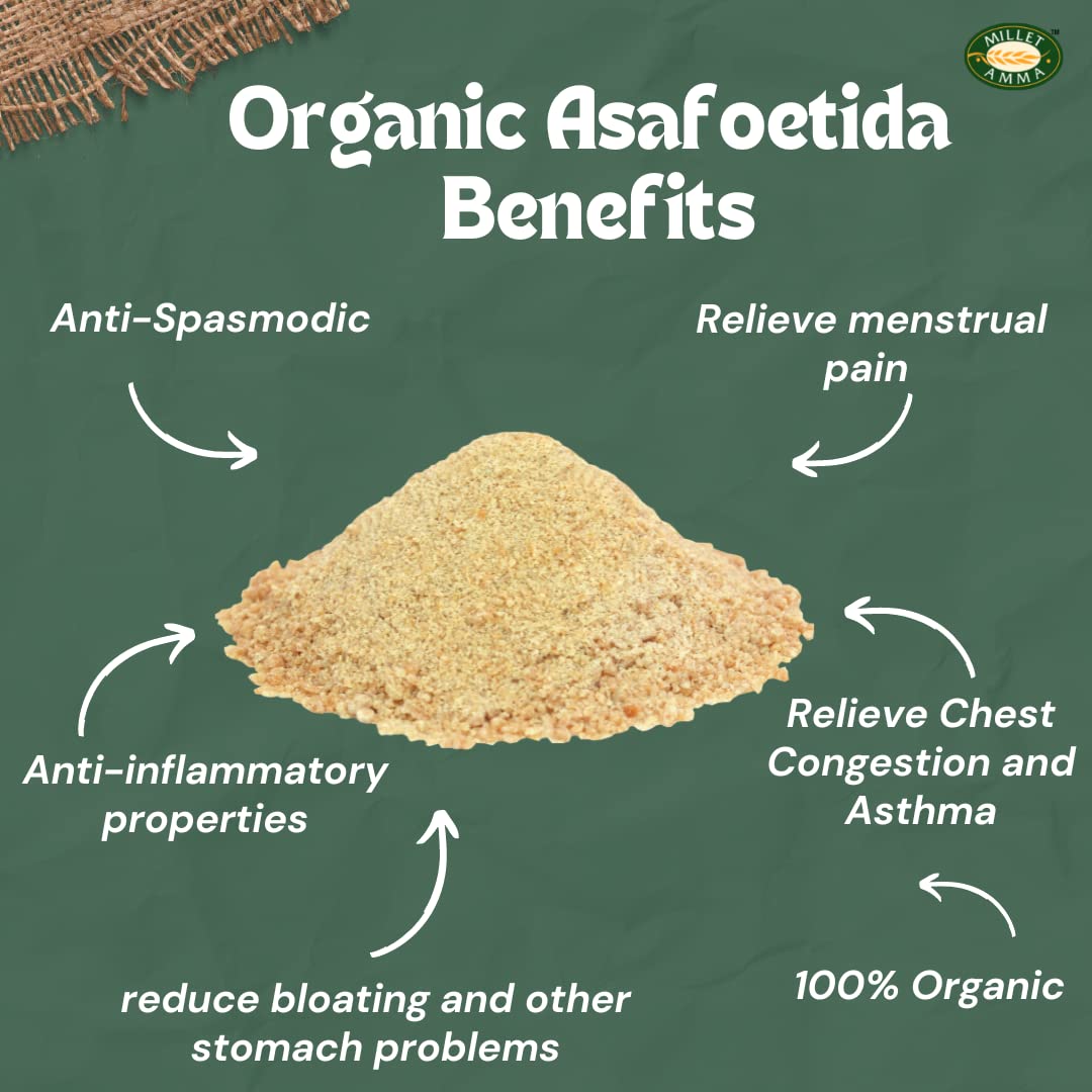 MILLET AMMA Assafetida biologica (Hing) 50 g, 100% vegano e senza glutine, spezia aromatica da cucina, contiene proprietà antispasmodiche e antinfiammatorie