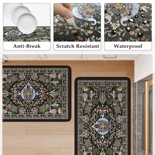 Image of KIMODE Anti Fatigue Polyvinyl Chloride Rectangular Kitchen Rugs /Mats for Floor 2 Piece,Black Vibrant Floral 17 inchx47 inch+17 inchx29 inch,Non Slip Waterproof,Standing Mat for Laundry Office Sink Desk