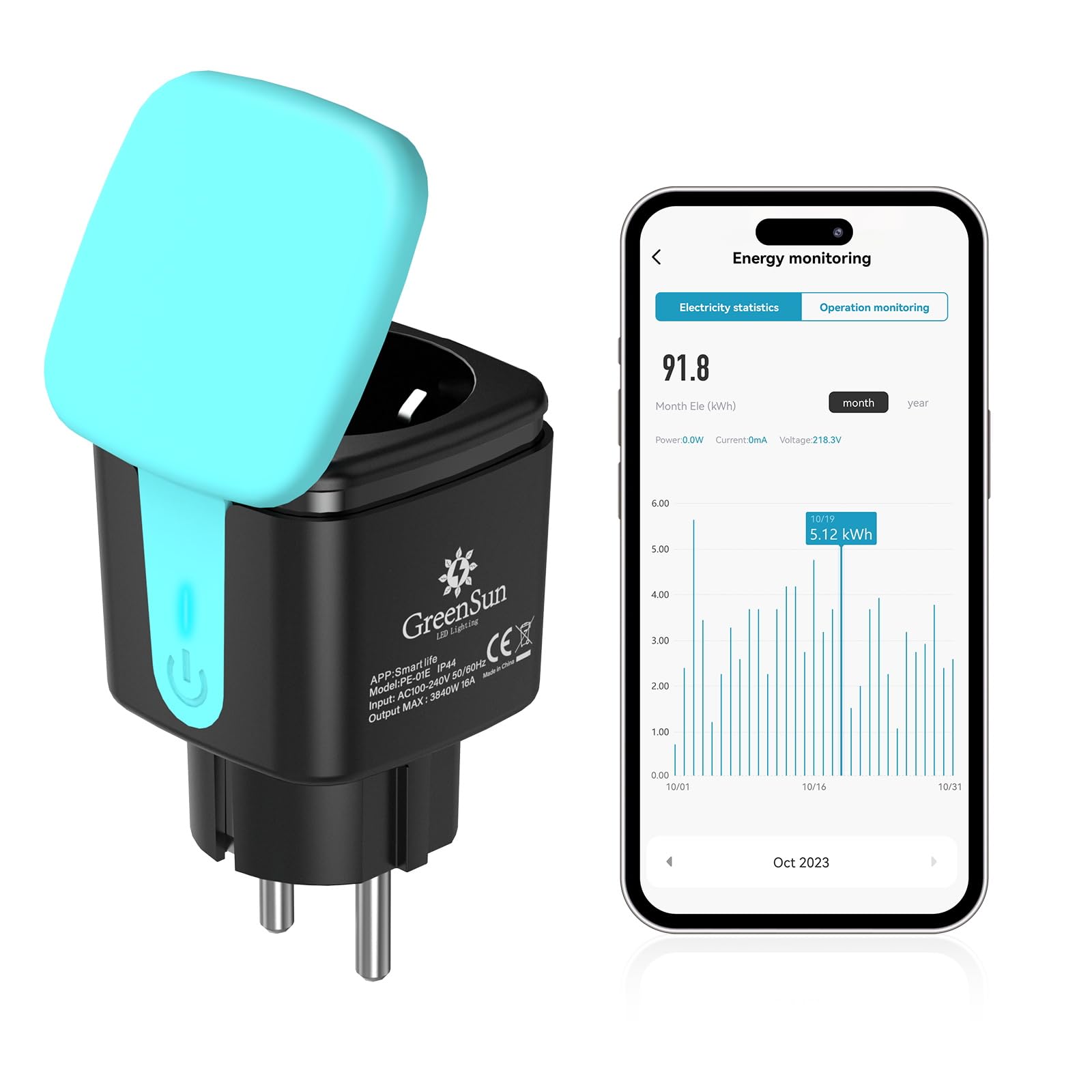 GreenSun Wlan Steckdose mit Strommessung Wlan 16A Alexa Steckdose Outdoor IP44