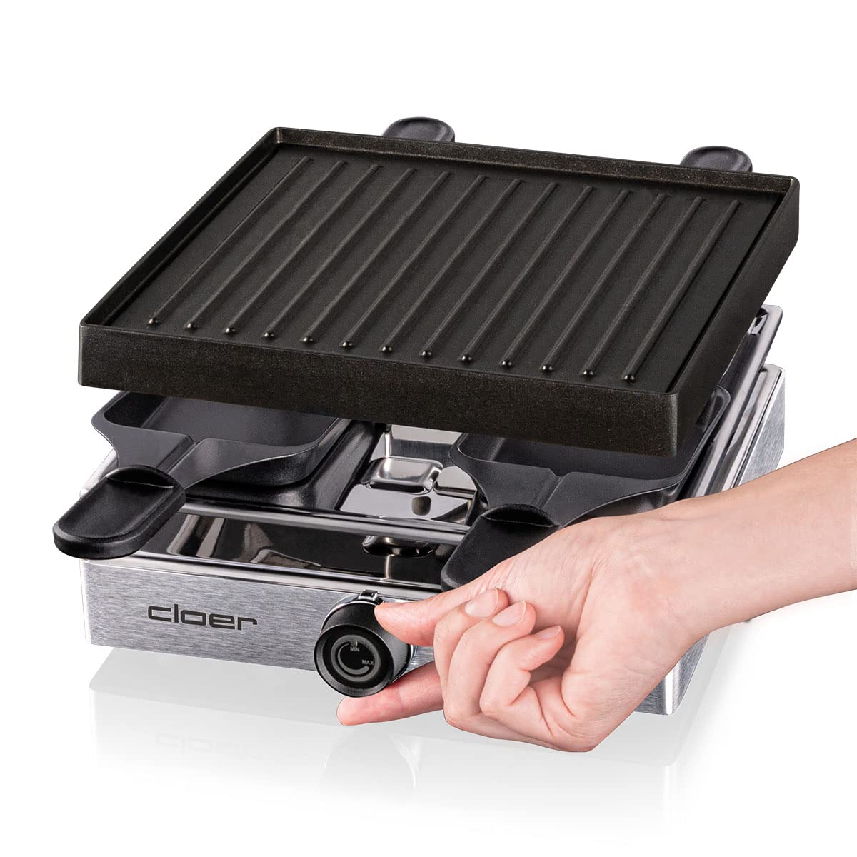 Cloer 6454 Raclettegrill mit Aluminium-Druckguss Platte, 750 W, 4 antihaftbeschichtete Raclettepfännchen, Kunststoffspachtel, unbeheizter Parkplatz, Aluminium