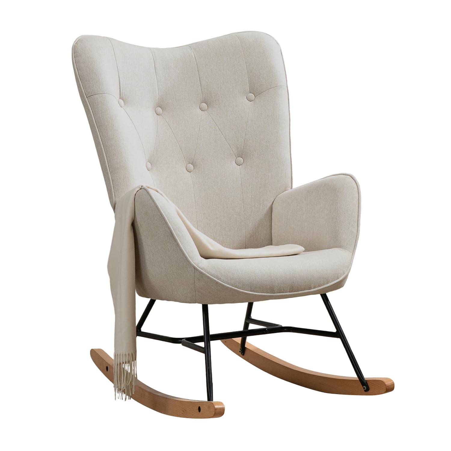 MEUBLE COSY Sedia a Dondolo con braccioli e Seduta Imbottita per Soggiorno, Camera da Letto, Struttura in Metallo e Base in Legno, Tessuto, Beige, 66x84x97 cm