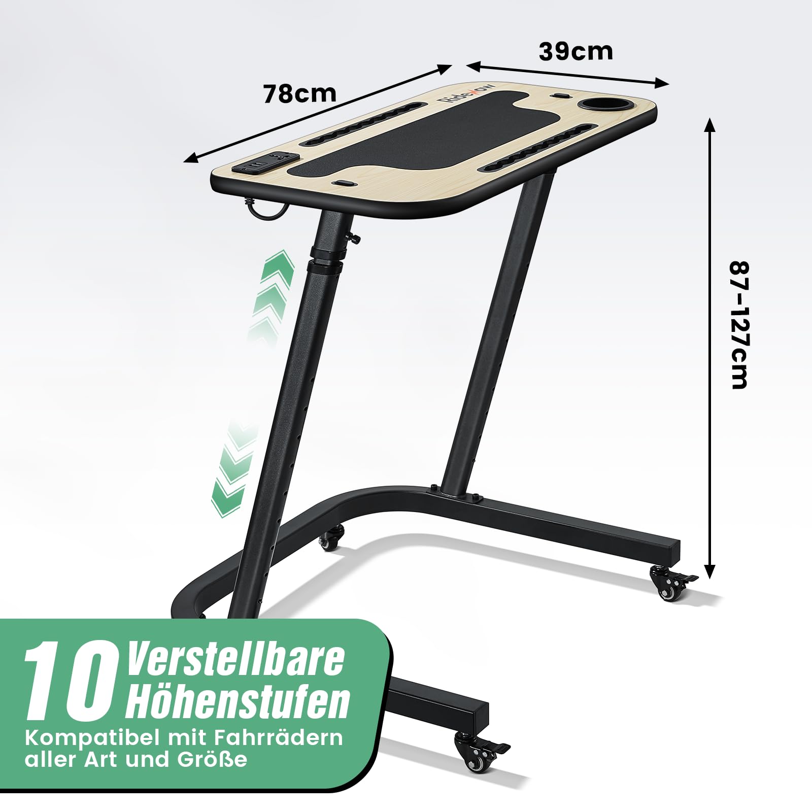 RideNow Rollentrainer Tisch, Verstellbarer Fahrradtisch mit Rollen | Laufbandtisch, Rutschfester Holz-Arbeitsfläche mit Steckdosen, Steckplatz für Tablet oder Telefon, Getränkehalter