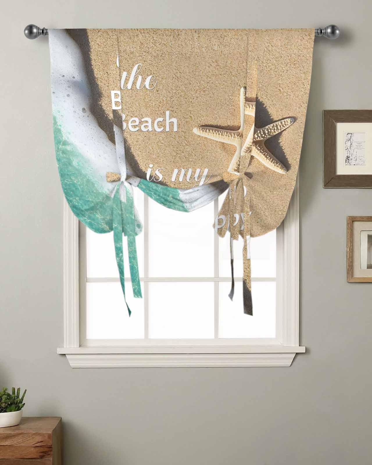 Blue Ocean Tie Up Curtains for Windows 63 Inch Length Balloon Curtains Kitchen Adjustable Balloon Window Shade Beige Starfish Beach Sunshine Text Tie Up Valance Bathroom Curtain Window 52