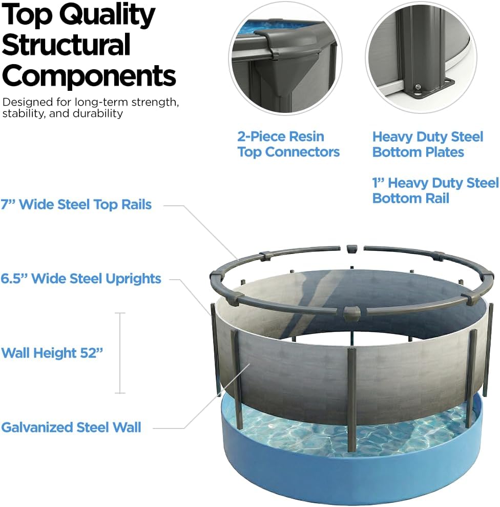 AquaDoc Coventry Round Steel Wall Above Ground Pool Kit 27' x 52" in Pewter Gray Finish with Wide Mouth Skimmer and Solid Blue Overlap Liner Classic Package - Made in North America