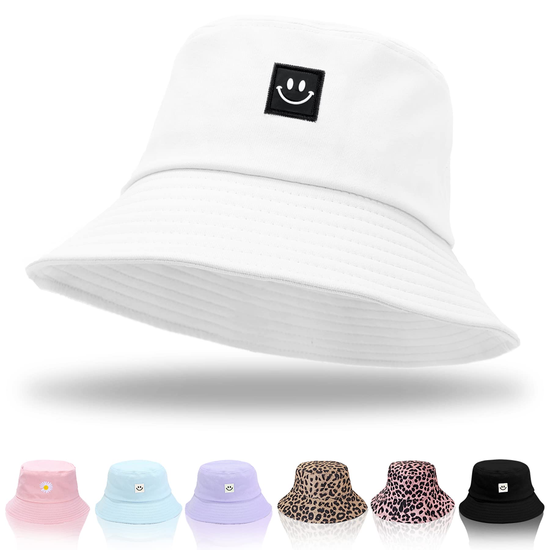 Keho Women's Smiley-White Bucket Hats - Reversible Cotton Summer Beach Sun Hats Foldable Fisherman Hat For Travel Beach Hiking Uk