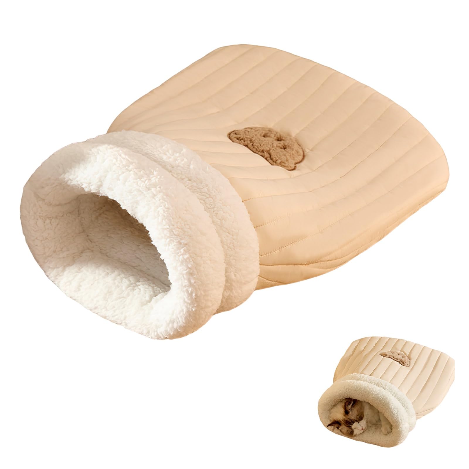 Cozy 360° Wrap Cat Bed Cave - Soft Plush Winter Warm Therapy Sleeping Bag for Indoor and Outdoor Cats, Fits Up To 10kg (Light Brown, L, 45 x 54cm)