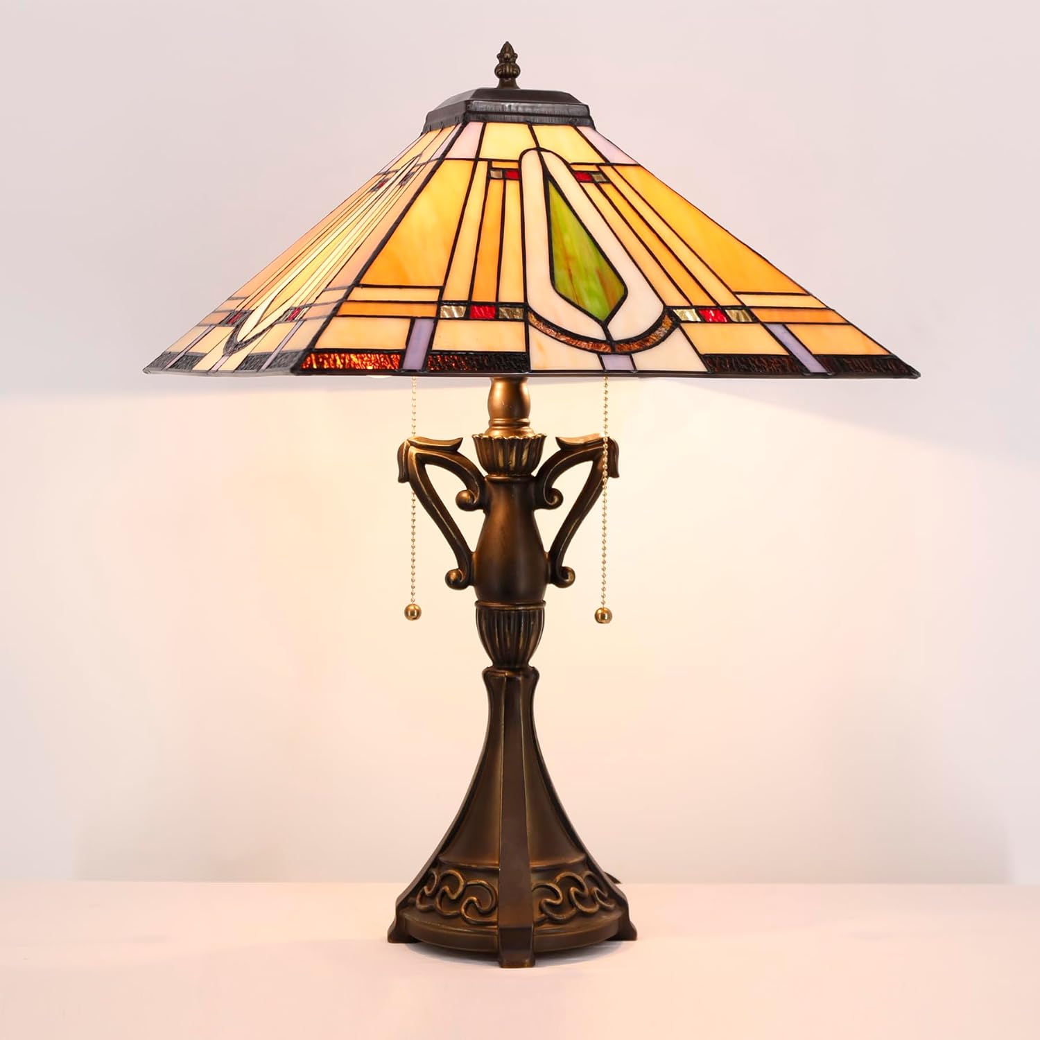 Tiffany Table Lamp Stained Glass Geometry Mission Style Desk Reading Light 16X16X24 Inch for Bedroom Living Room Home Office
