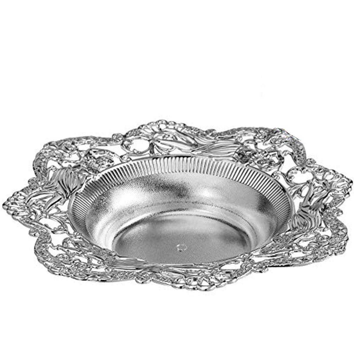Medium Silver Plastic Serving Dish - 4 Pack Reusable Food Serving Bowl for Candy, Appetizers - Elegant Vintage Design with Flat Rim for Kitchen, Party, Centerpiece Display