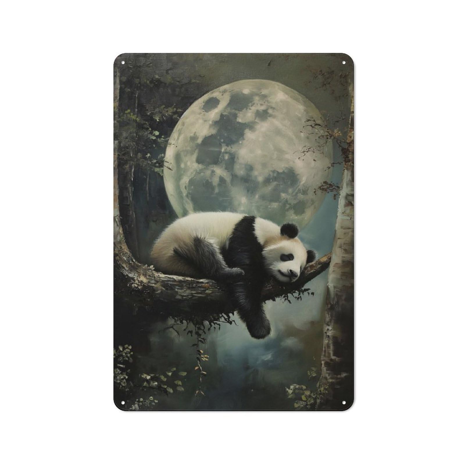 Junmoney Cute Sleeping Panda Moon Rustic Metal Sign With Design 30X20cm, Farmhouse Farmhouse Wall Decor For Dining Room, Cafe, Entryway Or Family Room