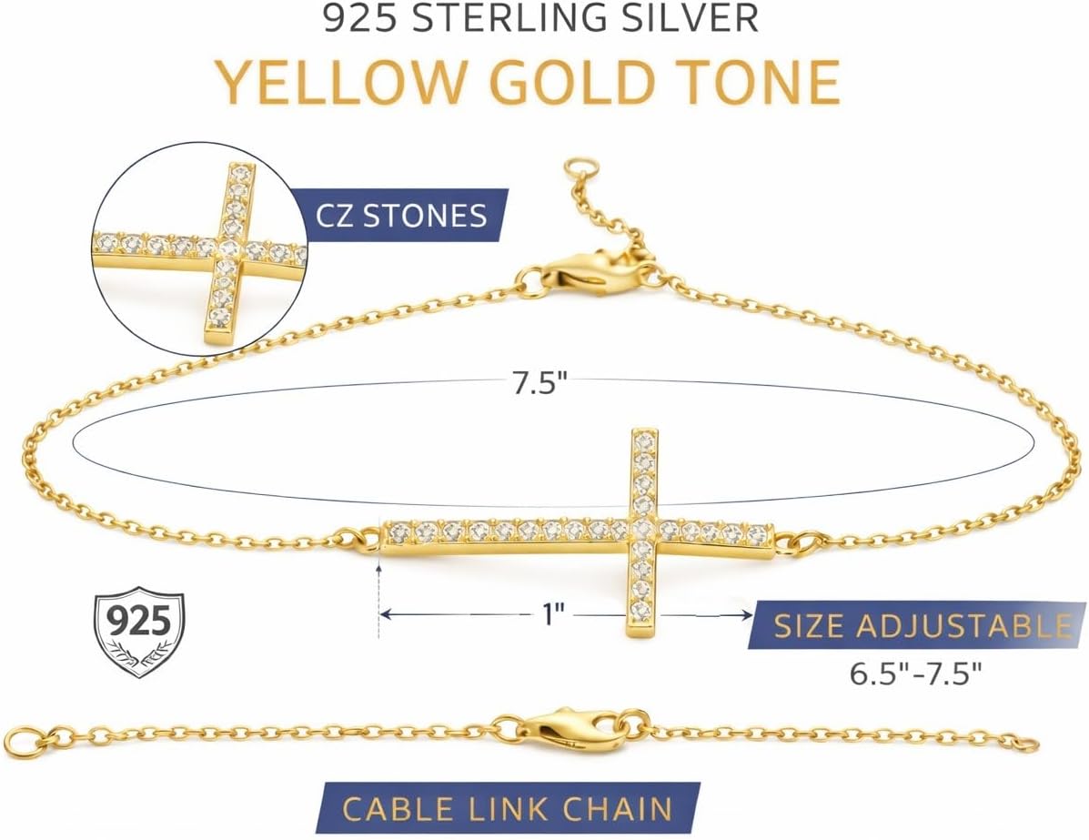 925 Sterling Silver Sideways Cross Bracelet for Women – Cubic Zirconia Horizontal Cross – Adjustable 6.5"–7.5" Cable Chain – Available in Silver Tone, Yellow Gold Tone, or Rose Gold Tone