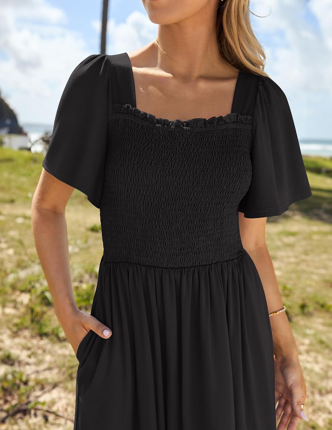 ZESICA Women's 2026 Summer Casual Mini Dress Flutter Short Sleeve Square Neck Smocked Tiered Ruffle Flowy Dresses - Image 3