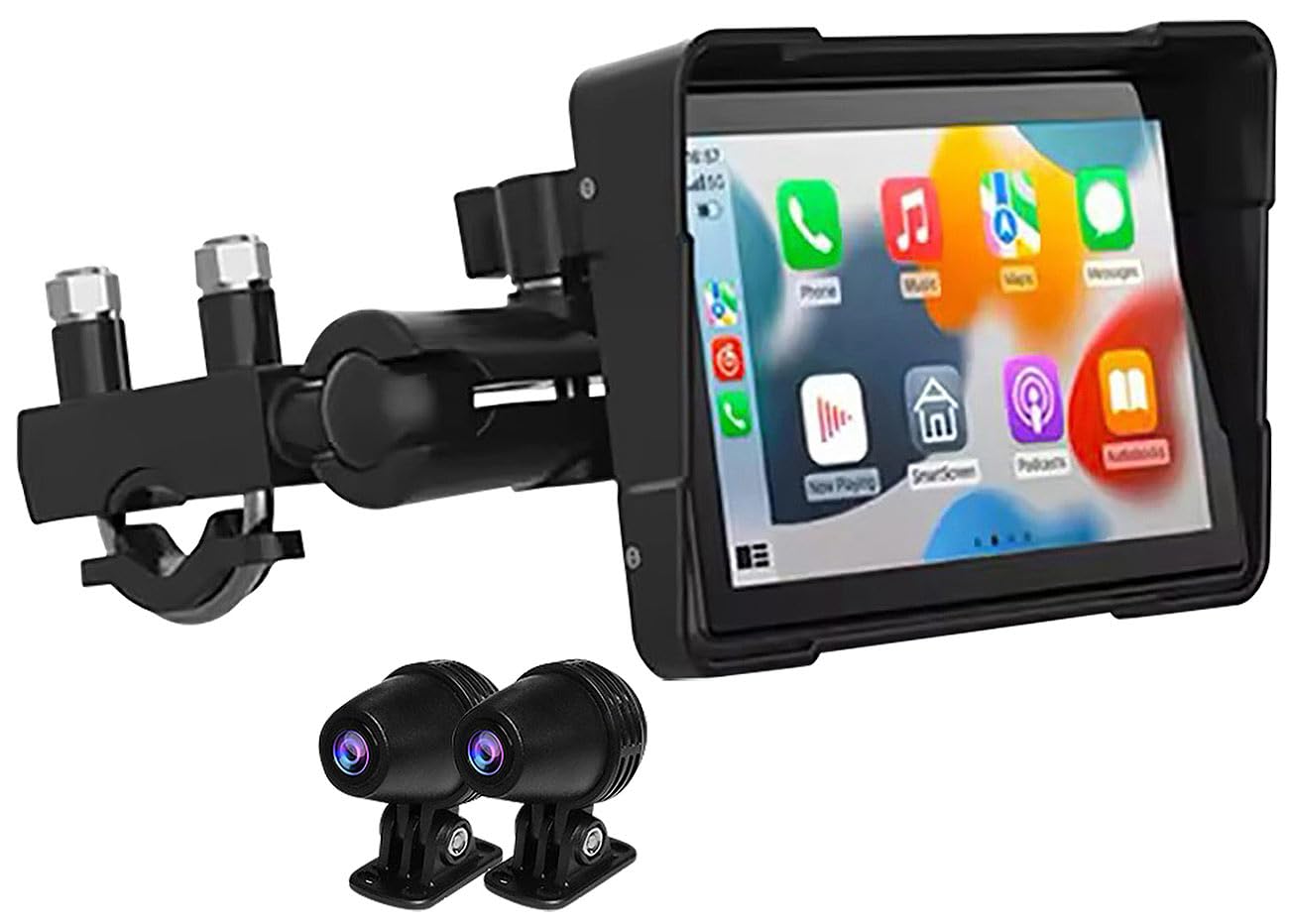 Lescars Motorrad Kamera: Motorrad-Navi-Display, 5", CarPlay- & Android-Auto-komp., 2 Kameras (Carplay Displays, Android Auto Monitor)